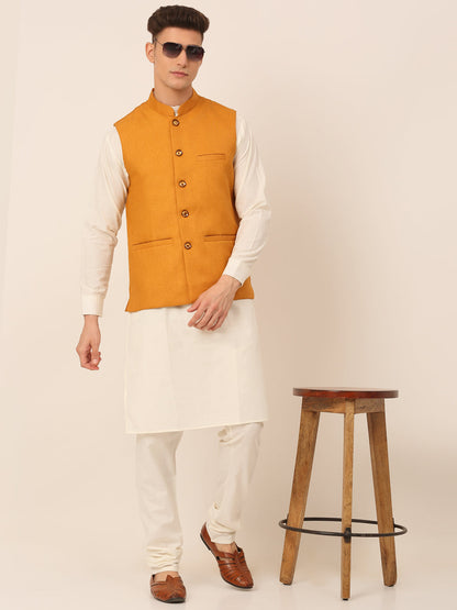 Jompers Men's Solid Kurta Pyjama With Nehru Jacket - Mustard