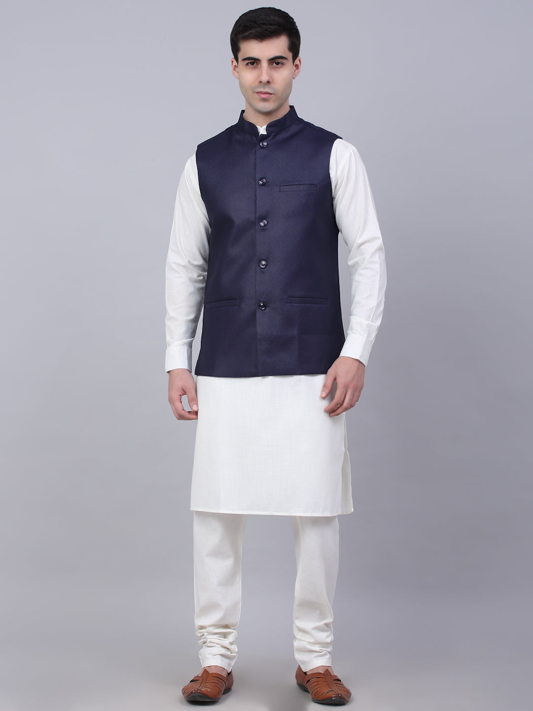 Jompers Men's Solid Kurta Pyjama With Nehru Jacket - Navy Blue