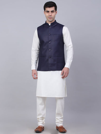 Jompers Men's Solid Kurta Pyjama With Nehru Jacket - Navy Blue