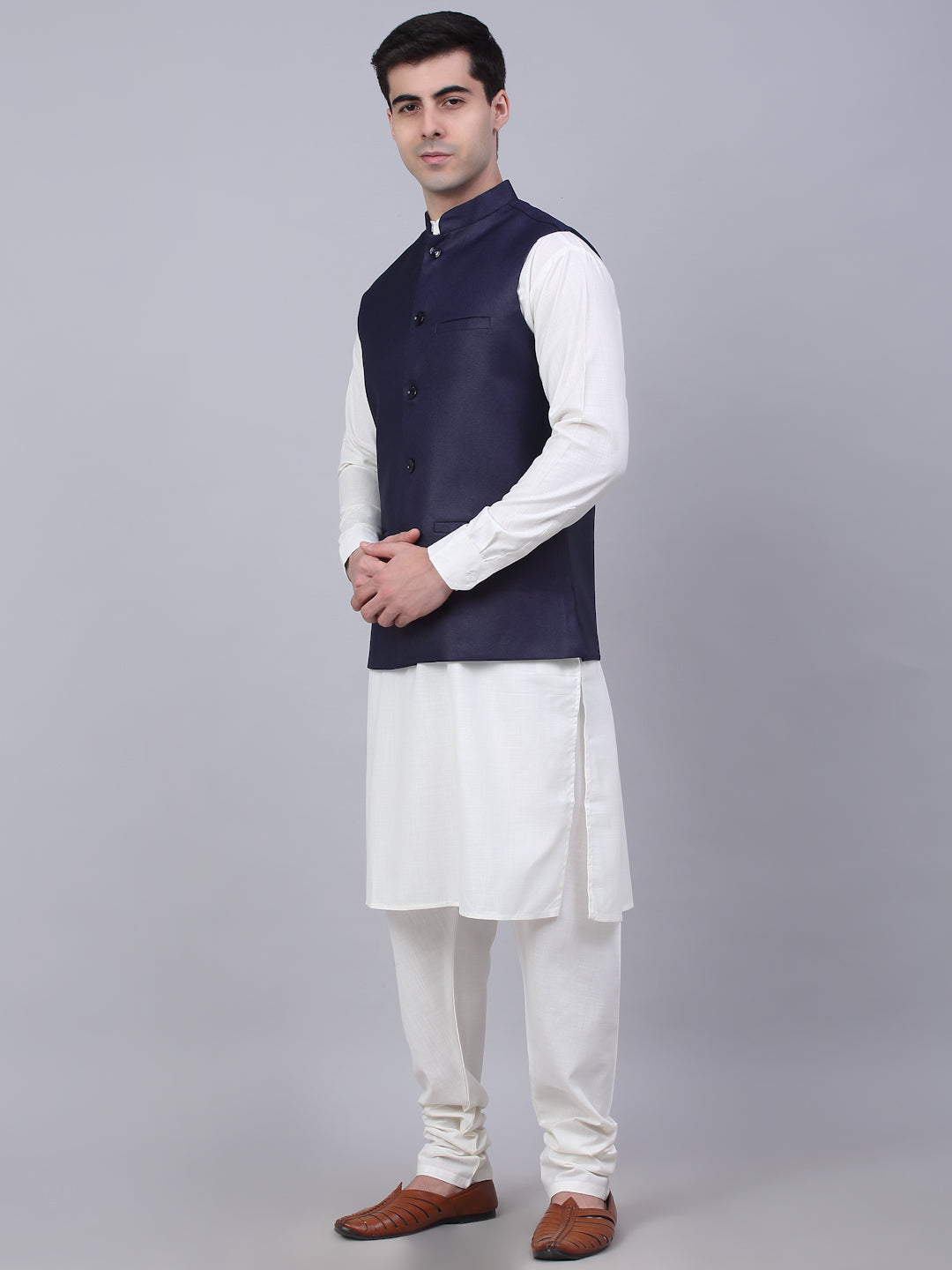 Jompers Men's Solid Kurta Pyjama With Nehru Jacket - Navy Blue