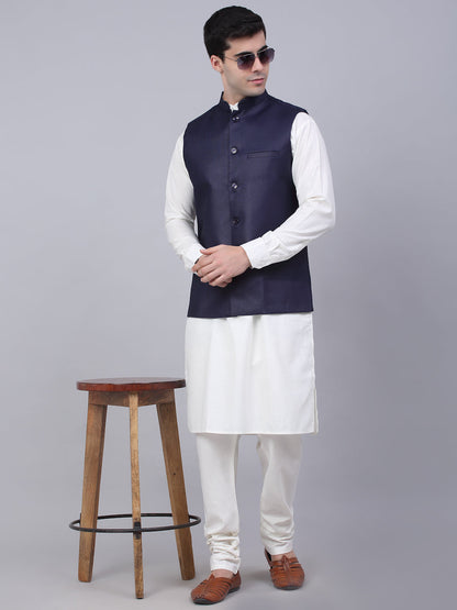 Jompers Men's Solid Kurta Pyjama With Nehru Jacket - Navy Blue