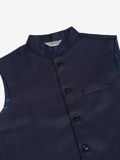 Jompers Men's Solid Kurta Pyjama With Nehru Jacket - Navy Blue