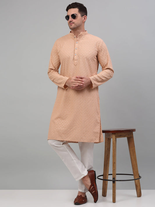 Jompers Men's Peach Chikankari Embroidered and Sequence Kurta with Pyjama