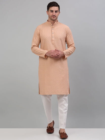 Jompers Men's Peach Chikankari Embroidered and Sequence Kurta with Pyjama