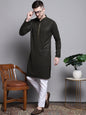 Jompers Men's Sequin Embroidered Pure Cotton Kurta with Pyjamas - Mehndi
