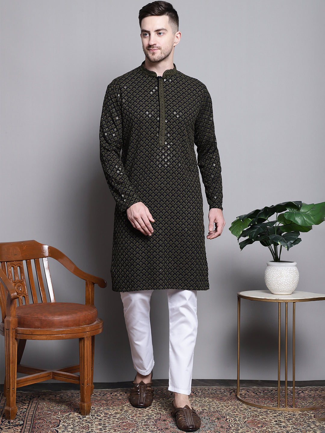 Jompers Men's Sequin Embroidered Pure Cotton Kurta with Pyjamas - Mehndi
