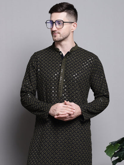 Jompers Men's Sequin Embroidered Pure Cotton Kurta with Pyjamas - Mehndi