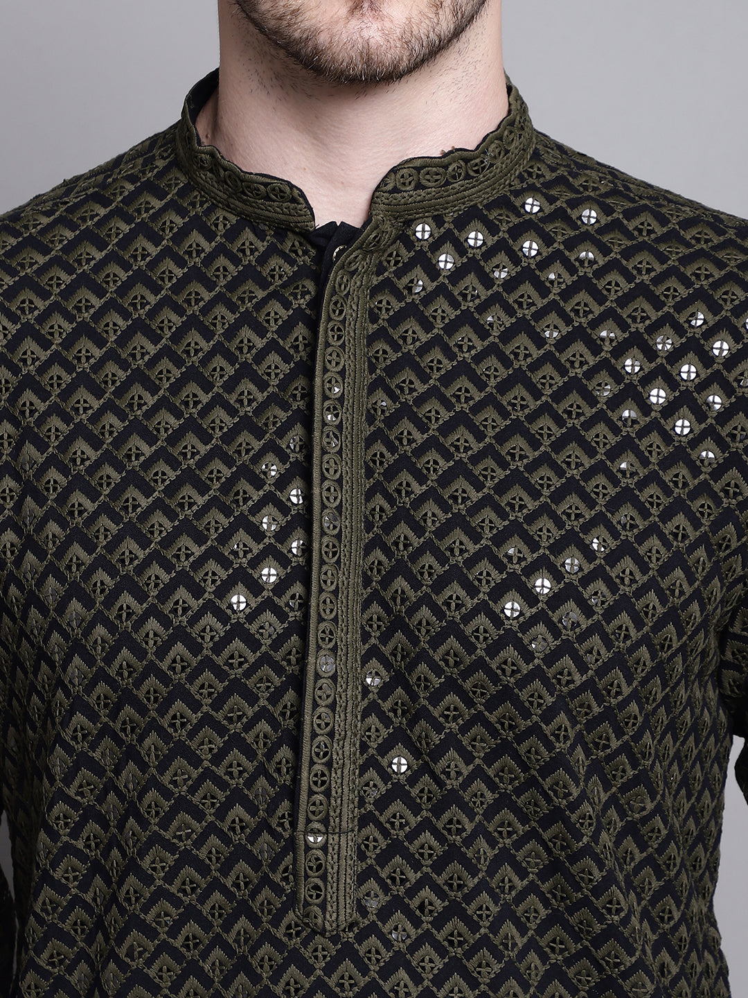 Jompers Men's Sequin Embroidered Pure Cotton Kurta with Pyjamas - Mehndi