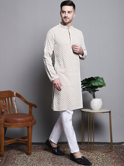 Jompers Men's Sequin Embroidered Pure Cotton Kurta with Pyjamas - Beige