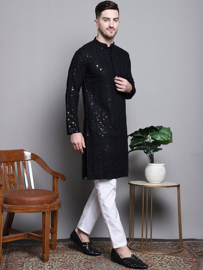 Jompers Men's Sequin Embroidered Pure Cotton Kurta with Pyjamas - Black