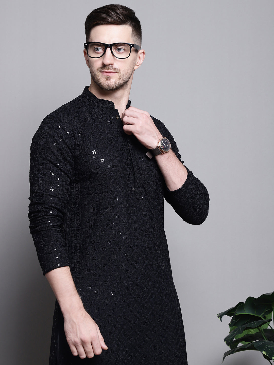 Jompers Men's Sequin Embroidered Pure Cotton Kurta with Pyjamas - Black
