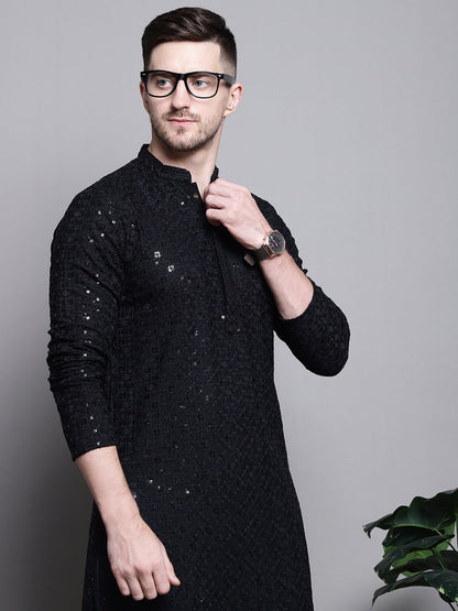 Jompers Men's Sequin Embroidered Pure Cotton Kurta with Pyjamas - Black