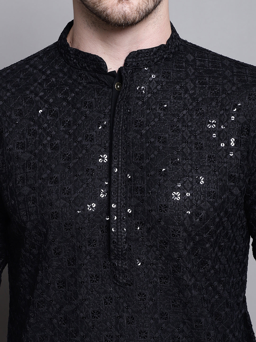 Jompers Men's Sequin Embroidered Pure Cotton Kurta with Pyjamas - Black