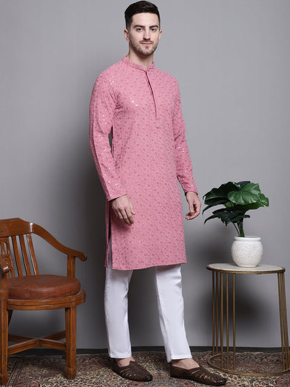 Jompers Men's Sequin Embroidered Pure Cotton Kurta with Pyjamas - Coral