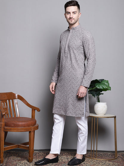 Jompers Men's Sequin Embroidered Pure Cotton Kurta with Pyjamas - Grey
