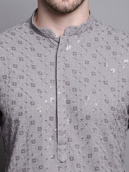 Jompers Men's Sequin Embroidered Pure Cotton Kurta with Pyjamas - Grey