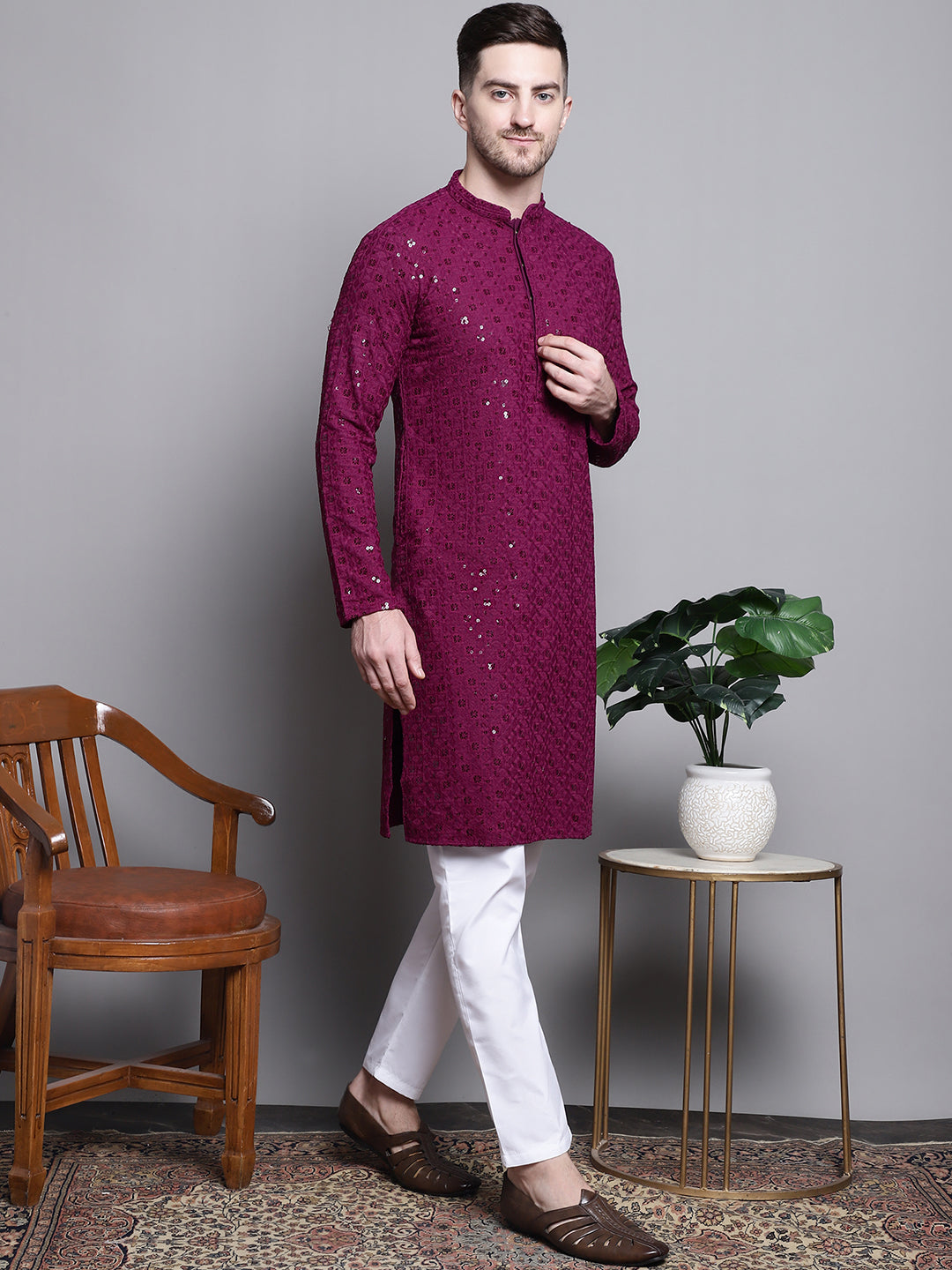 Jompers Men's Sequin Embroidered Pure Cotton Kurta with Pyjamas - Purple
