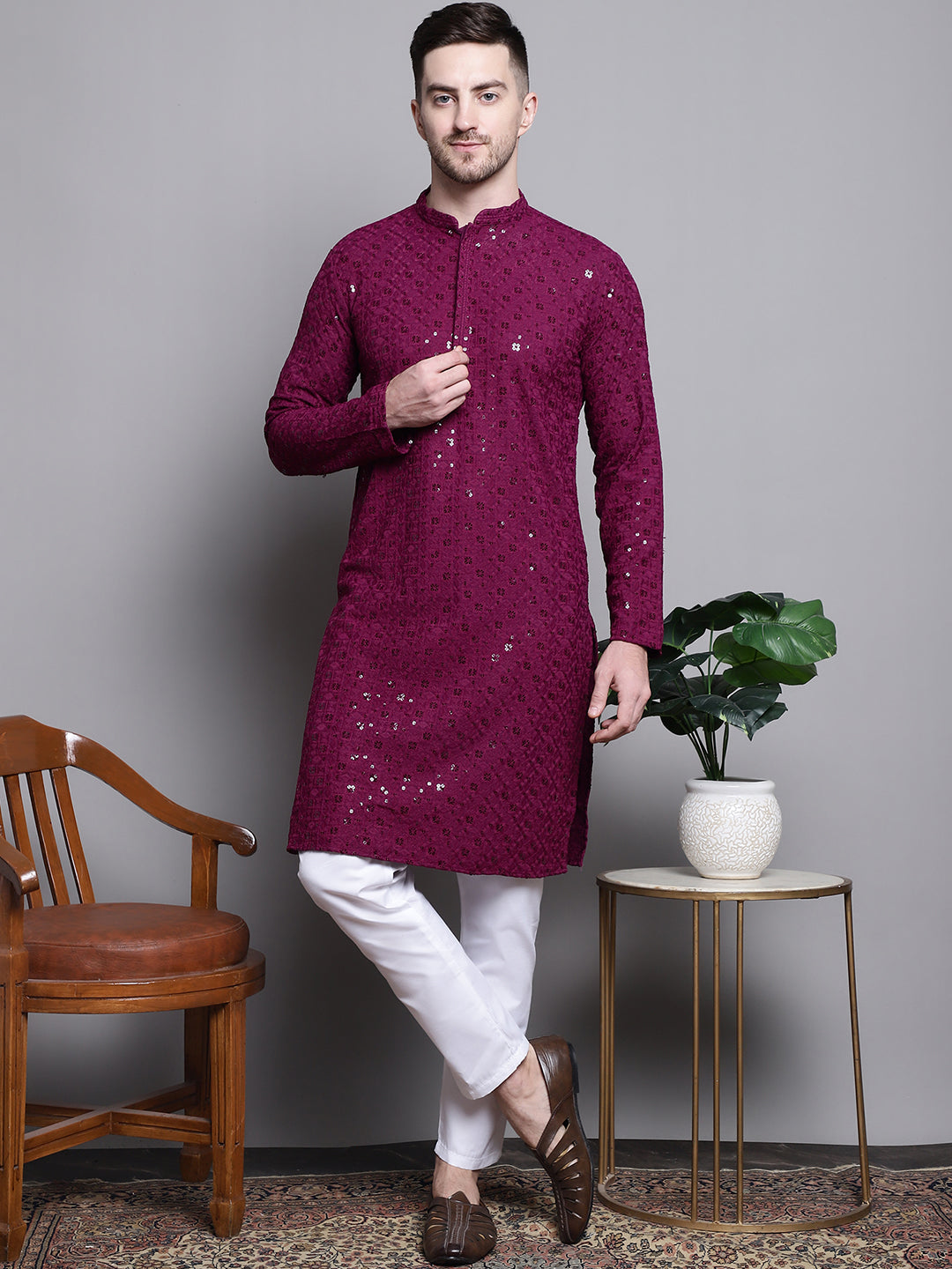 Jompers Men's Sequin Embroidered Pure Cotton Kurta with Pyjamas - Purple