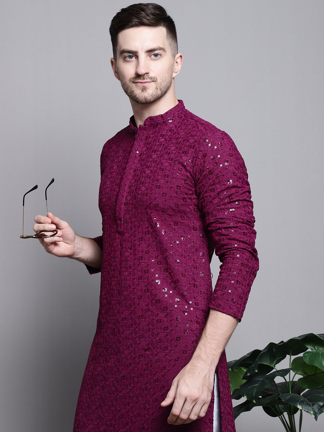 Jompers Men's Sequin Embroidered Pure Cotton Kurta with Pyjamas - Purple