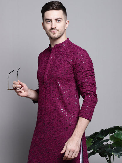 Jompers Men's Sequin Embroidered Pure Cotton Kurta with Pyjamas - Purple