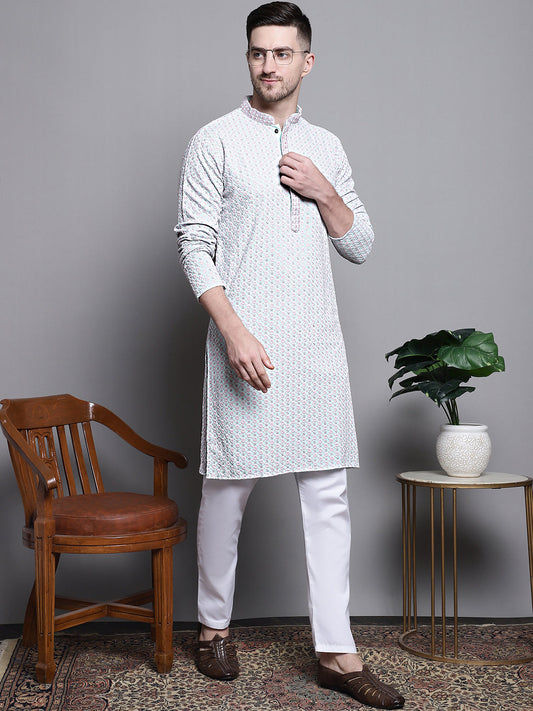 Jompers Men's Sequin Embroidered Pure Cotton Kurta with Pyjamas - Blue