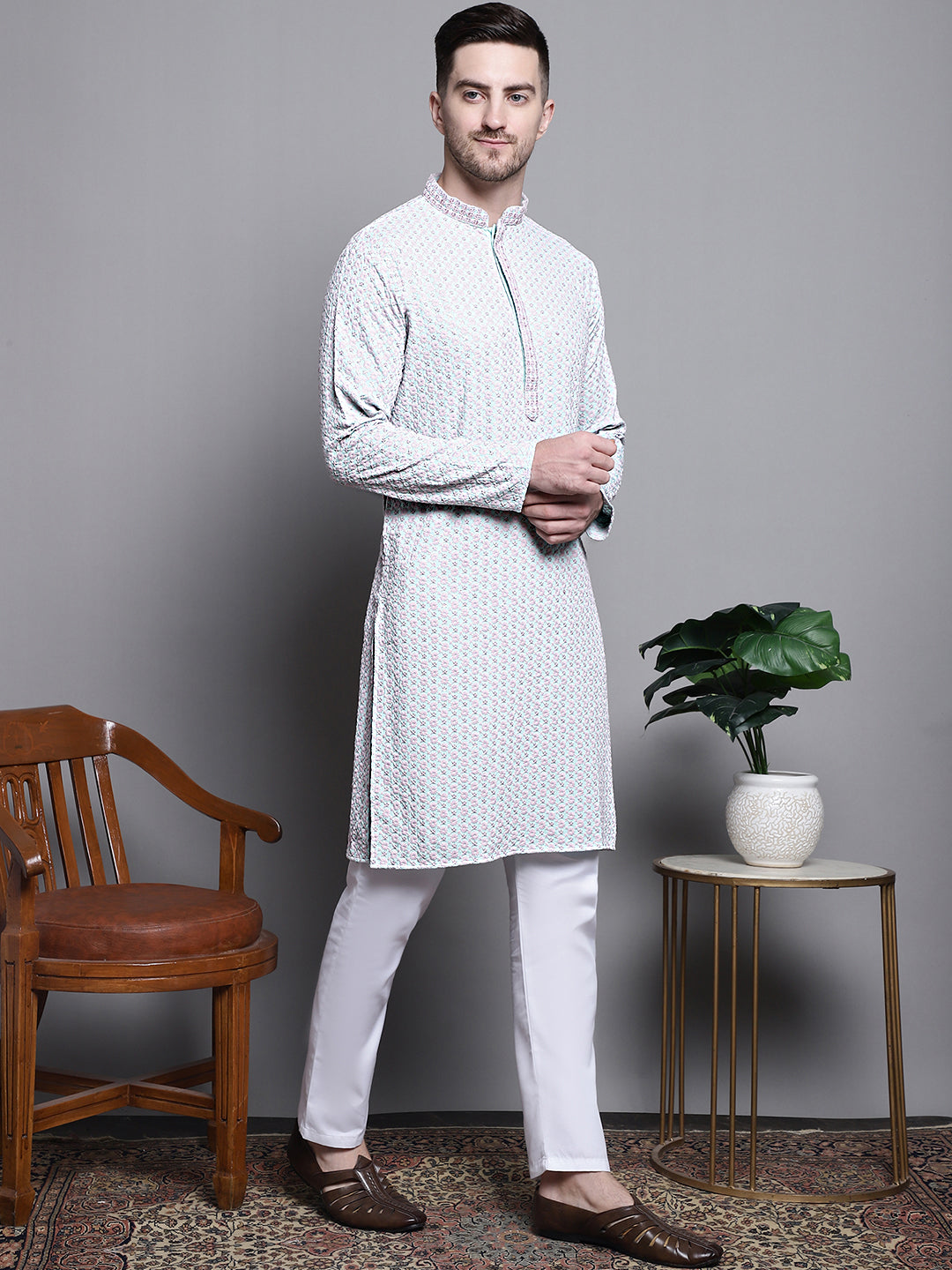 Jompers Men's Sequin Embroidered Pure Cotton Kurta with Pyjamas - Blue