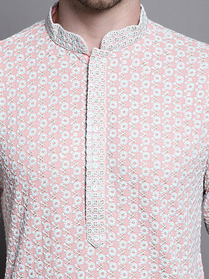 Jompers Men's Sequin Embroidered Pure Cotton Kurta with Pyjamas - Peach