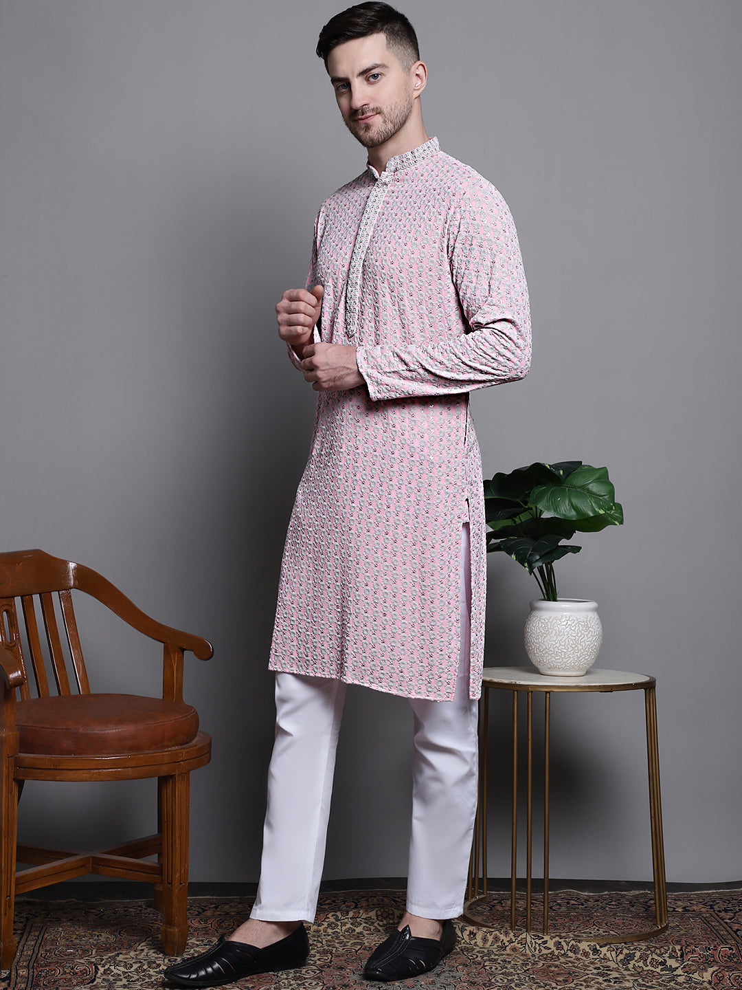 Jompers Men's Sequin Embroidered Pure Cotton Kurta with Pyjamas - Pink