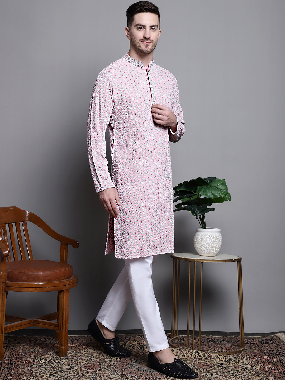 Jompers Men's Sequin Embroidered Pure Cotton Kurta with Pyjamas - Pink