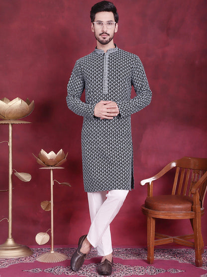 Jompers Men's Sequins Embroidered Kurta with Pyjama - Grey