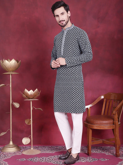 Jompers Men's Sequins Embroidered Kurta with Pyjama - Grey