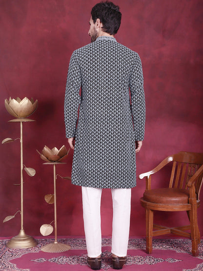 Jompers Men's Sequins Embroidered Kurta with Pyjama - Grey