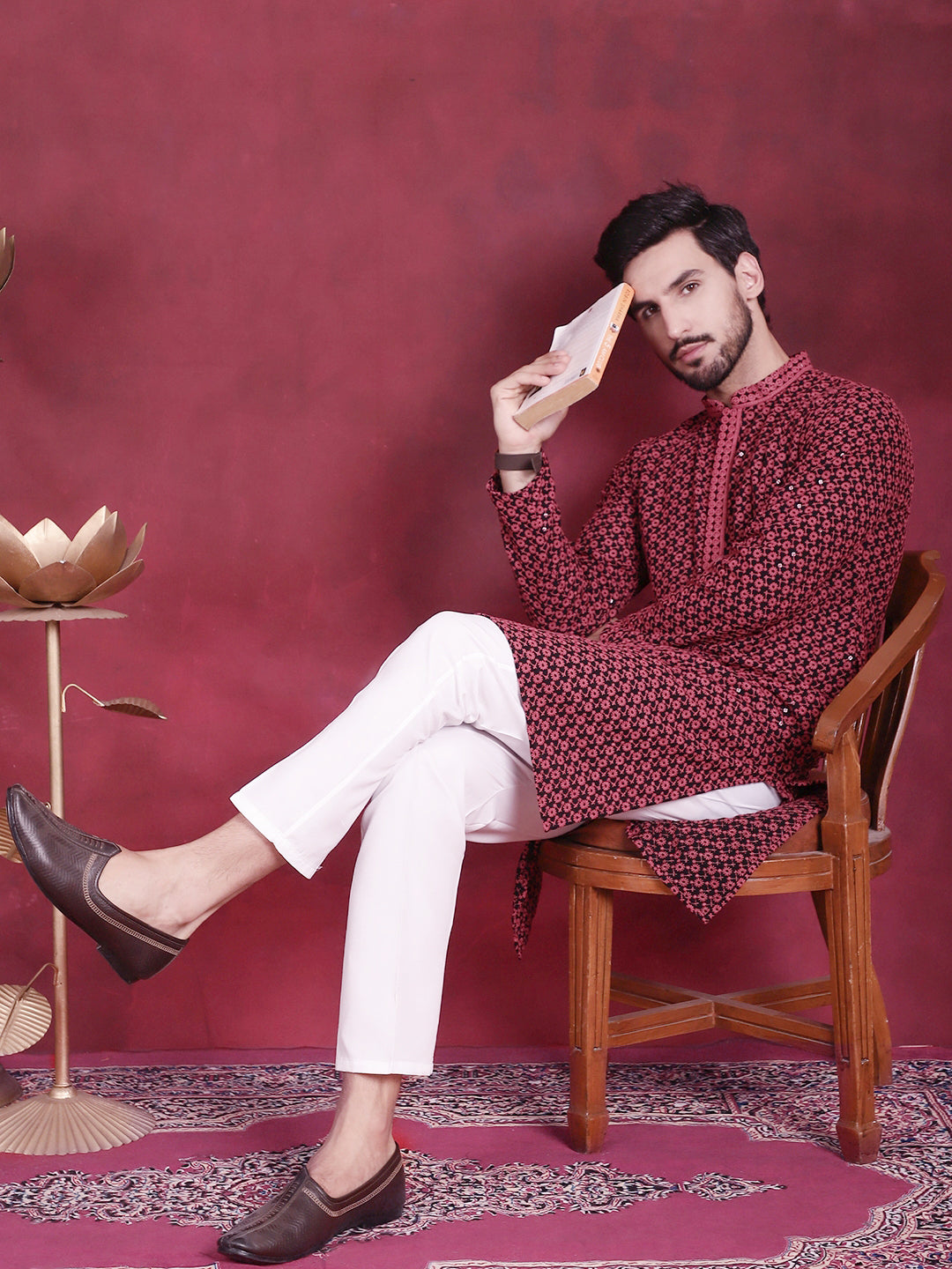 Jompers Men's Sequins Embroidered Kurta with Pyjama - Magenta
