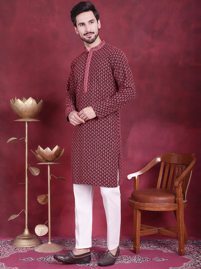Jompers Men's Sequins Embroidered Kurta with Pyjama - Magenta