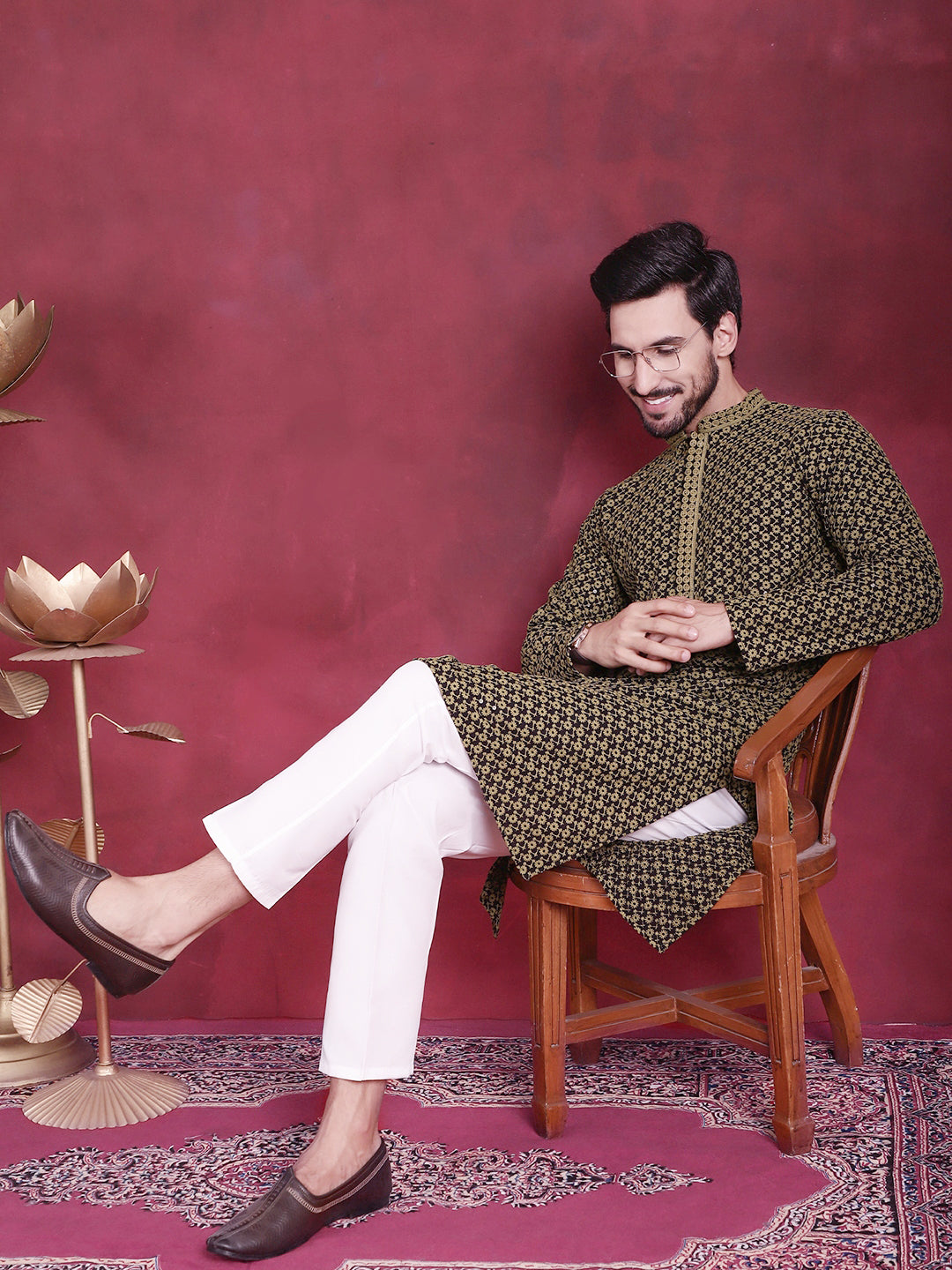 Jompers Men's Sequins Embroidered Kurta with Pyjama - Mehndi