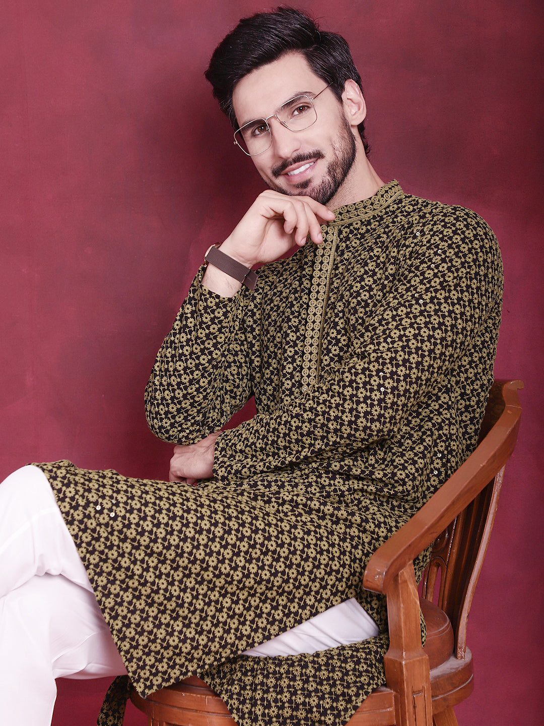Jompers Men's Sequins Embroidered Kurta with Pyjama - Mehndi