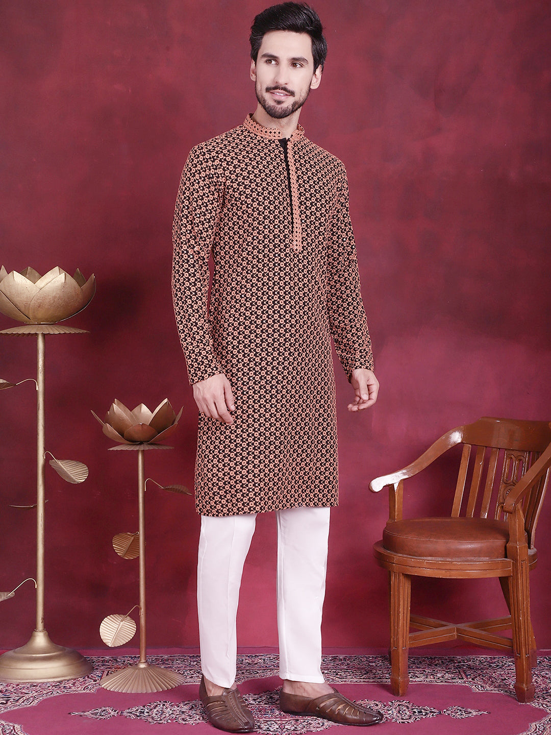 Jompers Men's Sequins Embroidered Kurta with Pyjama - Orange