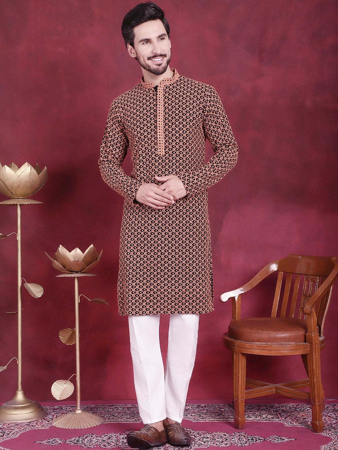 Jompers Men's Sequins Embroidered Kurta with Pyjama - Orange
