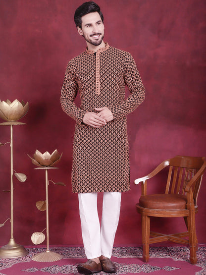 Jompers Men's Sequins Embroidered Kurta with Pyjama - Orange