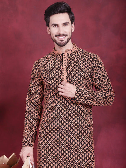Jompers Men's Sequins Embroidered Kurta with Pyjama - Orange