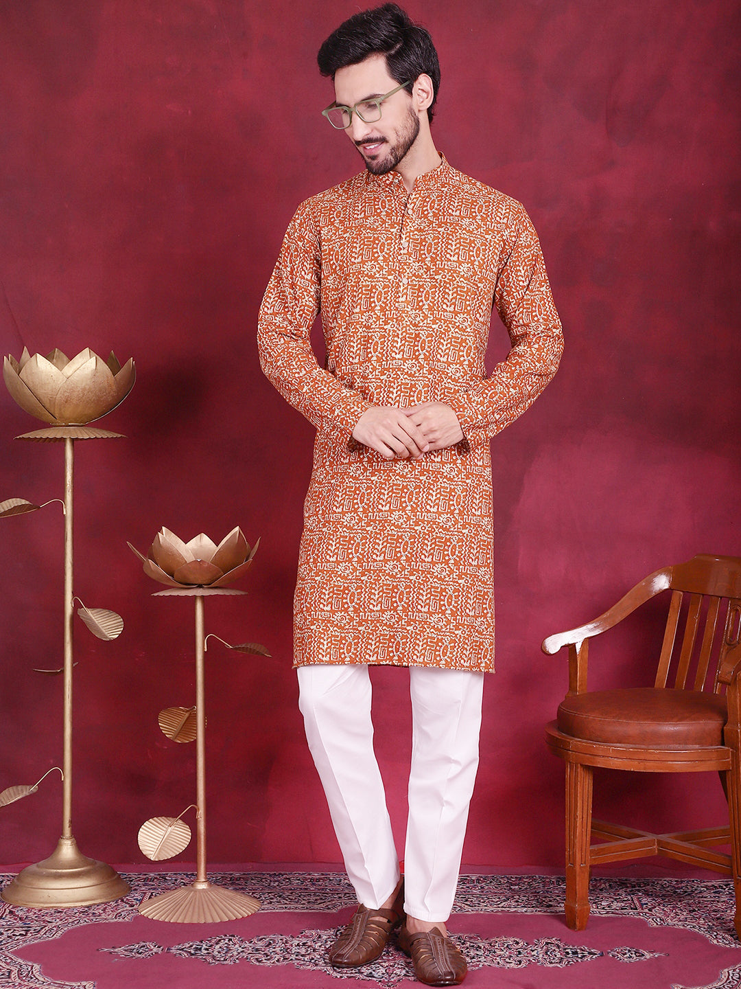 Jompers Men's Digital Printed Kurta with Pyjama - Mustard