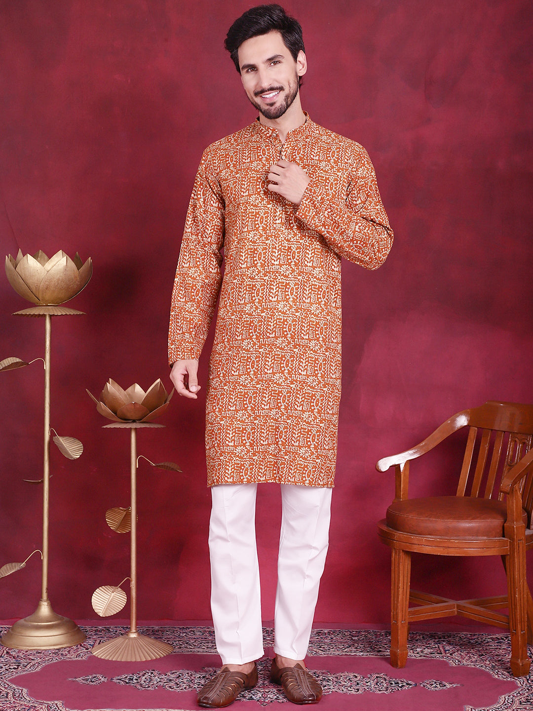 Jompers Men's Digital Printed Kurta with Pyjama - Mustard