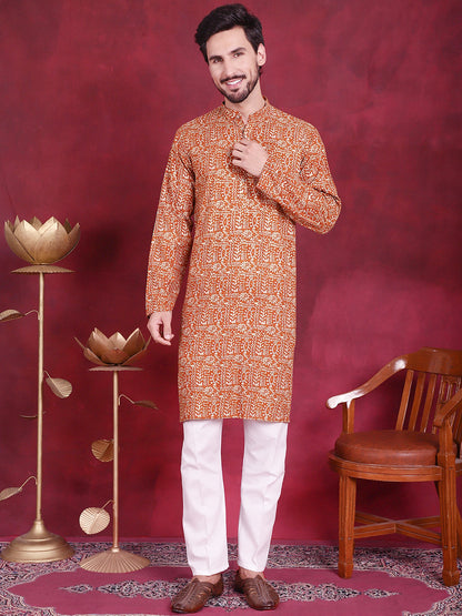 Jompers Men's Digital Printed Kurta with Pyjama - Mustard