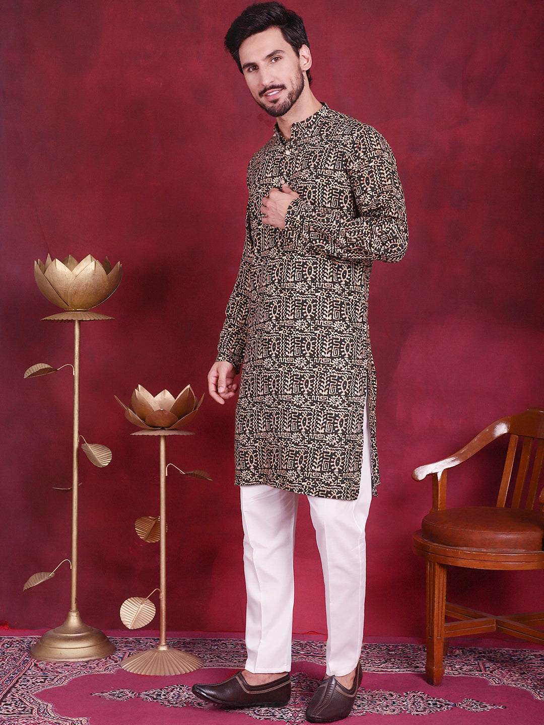 Jompers Men's Digital Printed Kurta with Pyjama - Olive