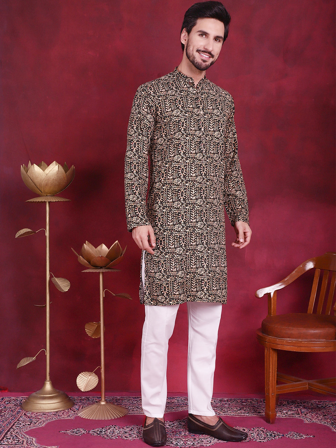 Jompers Men's Digital Printed Kurta with Pyjama - Olive