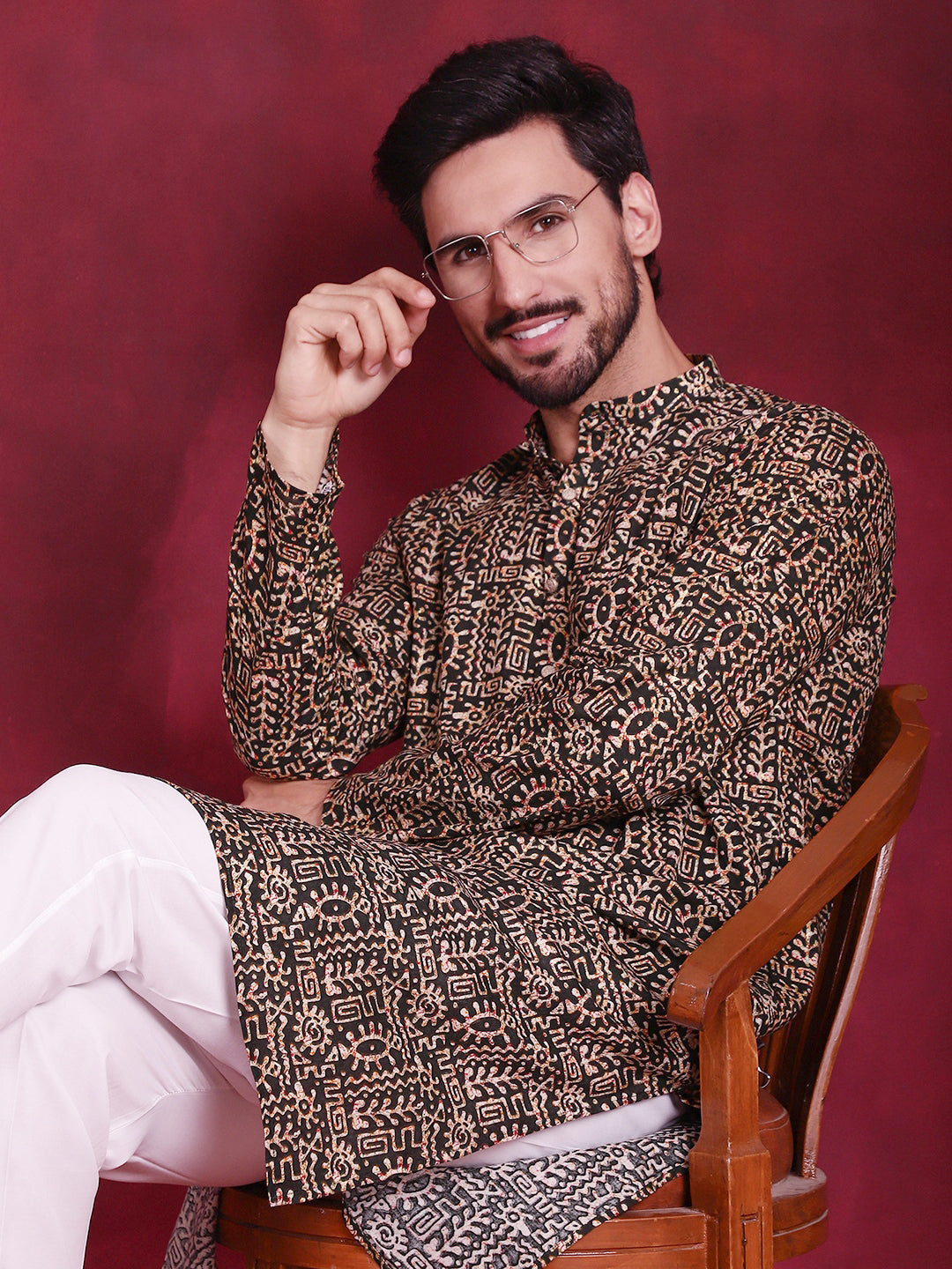 Jompers Men's Digital Printed Kurta with Pyjama - Olive
