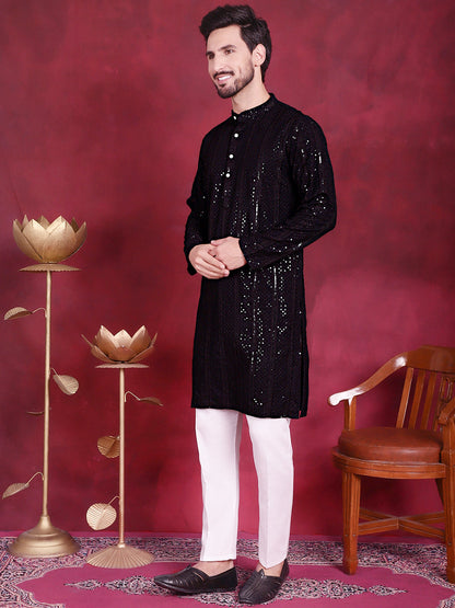 Jompers Men's Sequins Chikankari Embroidered Kurta with Pyjama - Black