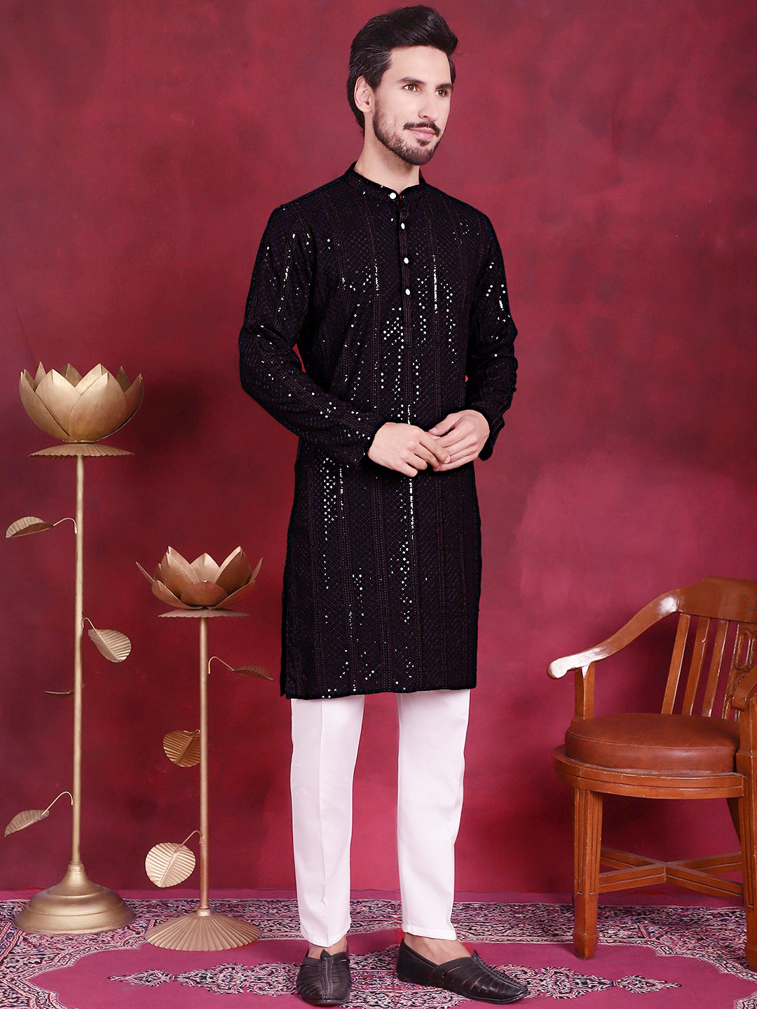 Jompers Men's Sequins Chikankari Embroidered Kurta with Pyjama - Black