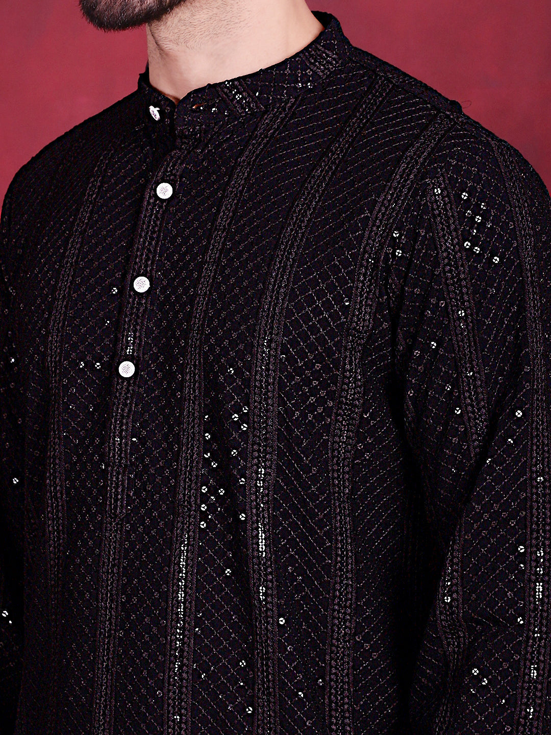 Jompers Men's Sequins Chikankari Embroidered Kurta with Pyjama - Black