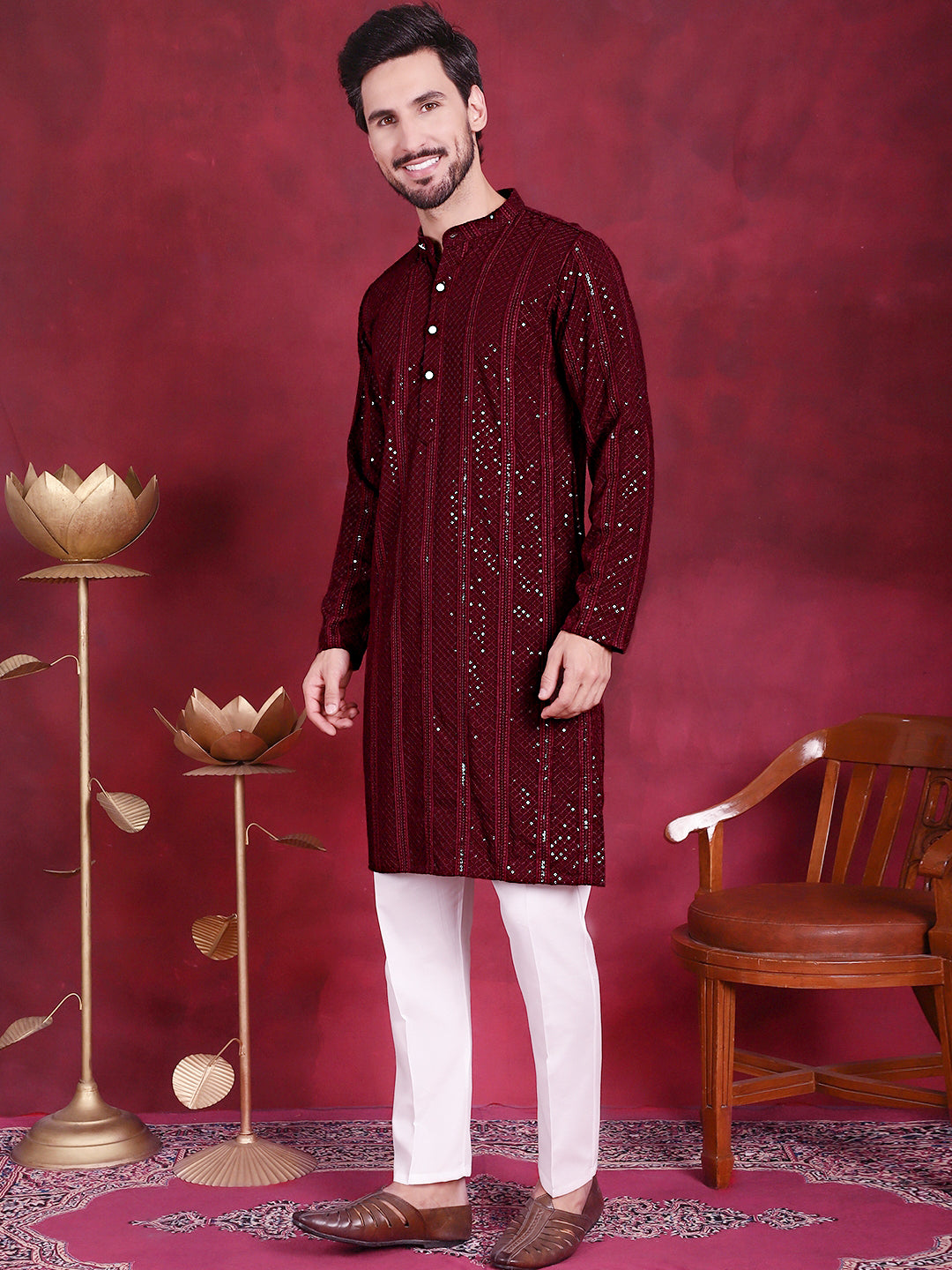 Jompers Men's Sequins Chikankari Embroidered Kurta with Pyjama - Maroon
